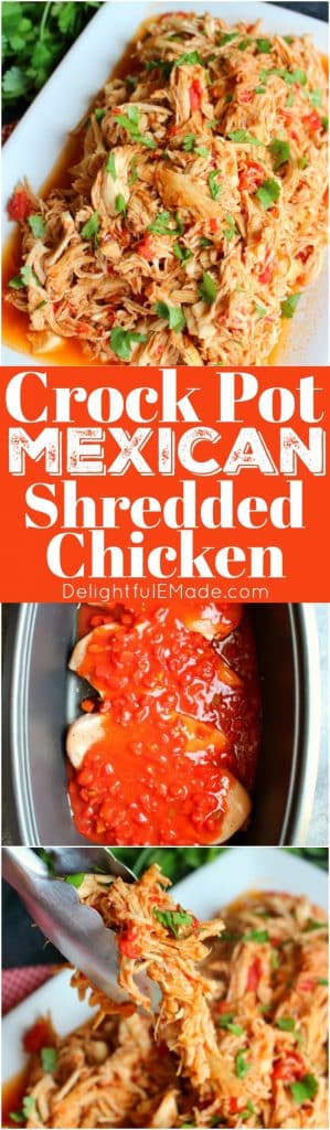 Say goodbye to dry shredded chicken! My super simple recipe Crock Pot Mexican Shredded Chicken will be your new go-to for the juiciest shredded chicken EVER! Perfect for tacos, enchiladas, nachos, burrito bowls and taco salads.