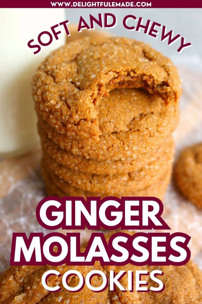 A stack of ginger molasses cookies with one cookie that has a bite taken out.