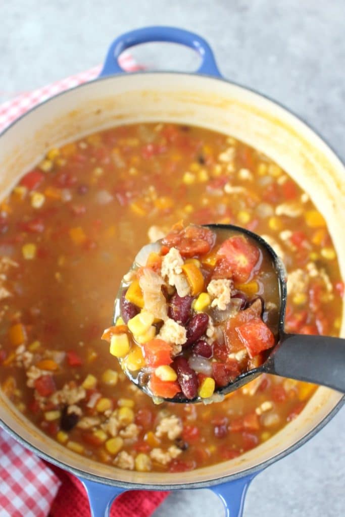 The most flavorful, delicious Healthy Turkey Chili Recipe out there! Made with lean ground turkey, bell peppers, beans and a few other ingredients, this is definitely the best Turkey Chili Recipe I've ever made!