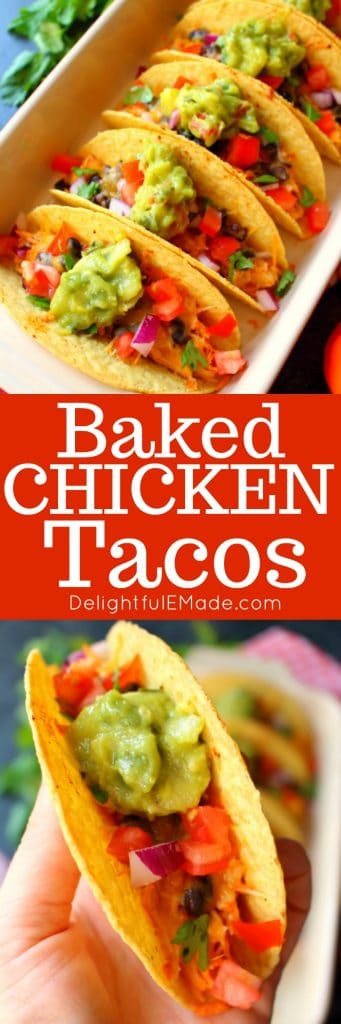 This recipe for Baked Chicken Tacos will be your new favorite way to enjoy taco Tuesday! Made with savory shredded chicken, and topped with all of your favorites, these tacos will become an instant favorite.