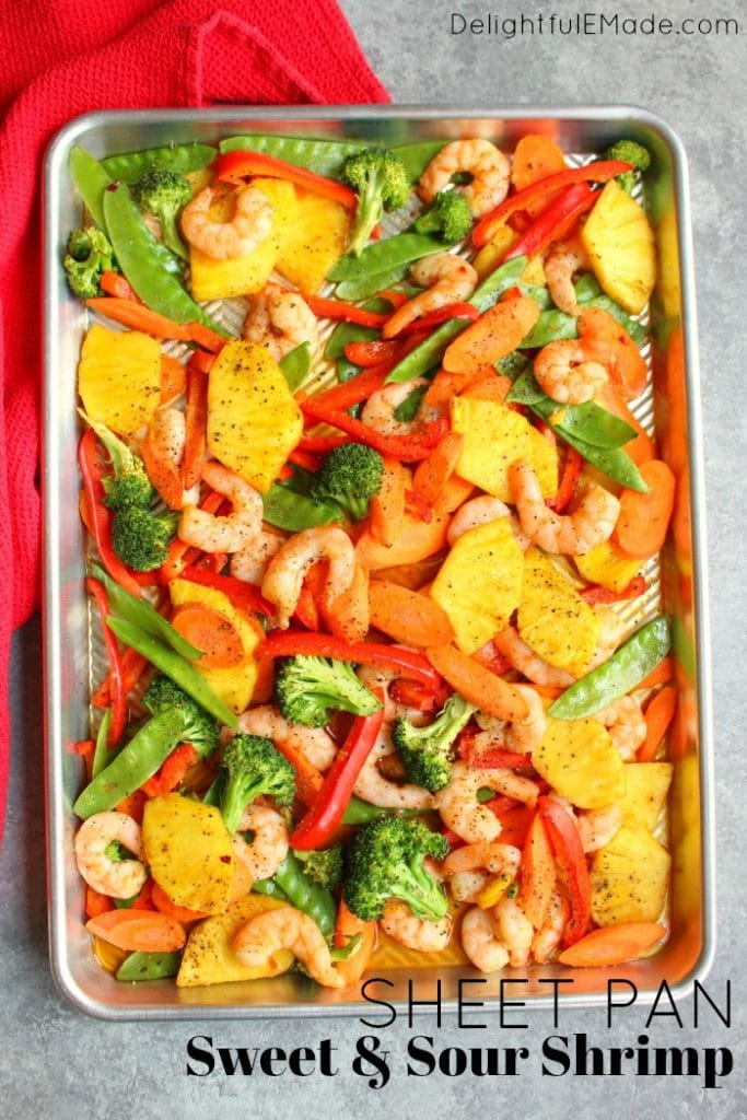 Love take-out food, but not all the calories and fat? This delicious, healthy Sheet Pan Sweet and Sour Shrimp recipe is fantastic for satisfying that craving! Crisp, delicious vegetables paired with tender shrimp in a light ginger sauce also makes for a healthy meal-prep idea!