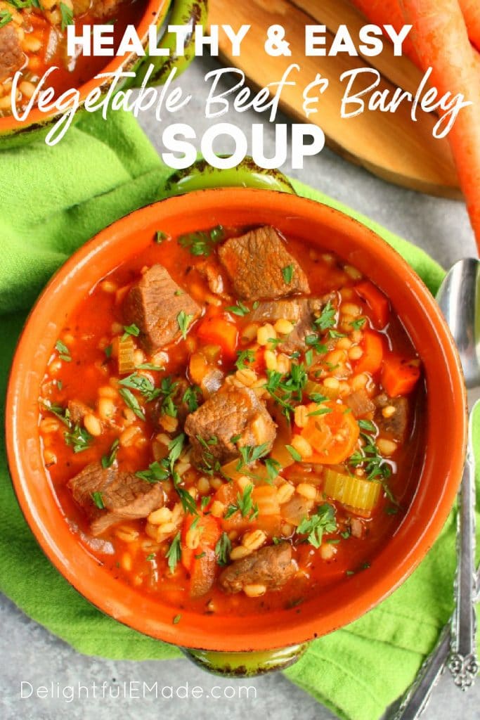 Healthy and easy vegetable beef and barley soup in bowl.