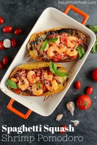 This delicious Spaghetti Squash Shrimp Pomodoro will be your new favorite low-carb dinner! Made with a delicious and simple to make tomato pomodoro sauce, this spaghetti squash recipe is easy and healthy!