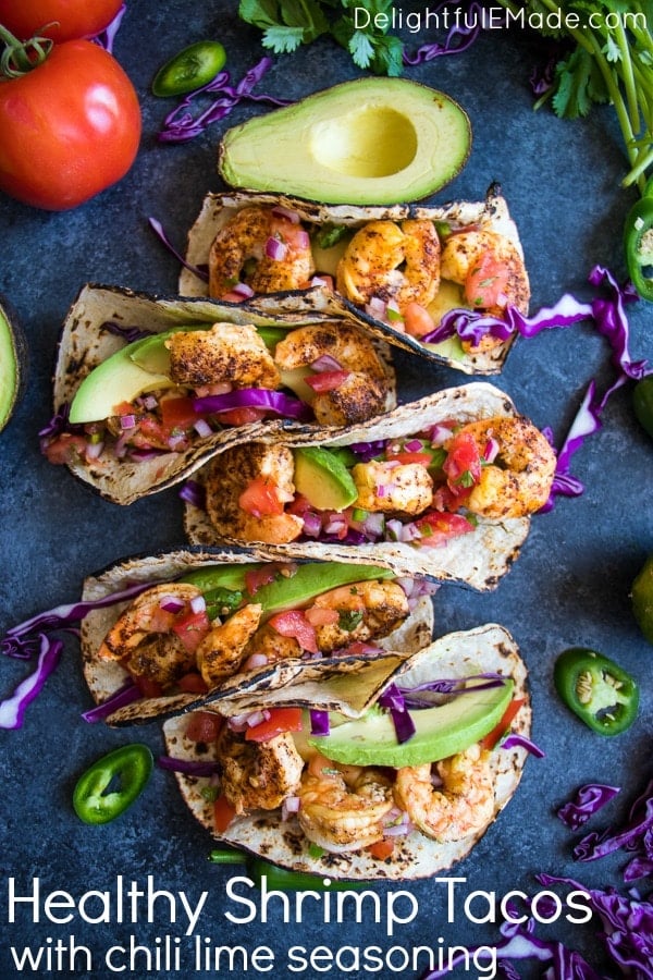 Taco Tuesday just got a major upgrade! My Healthy Shrimp Tacos with Chili Lime Seasoning are going to be your new favorite taco recipe! Made with delicious chili lime seasoned shrimp and all the healthy toppings, these tacos are amazing!