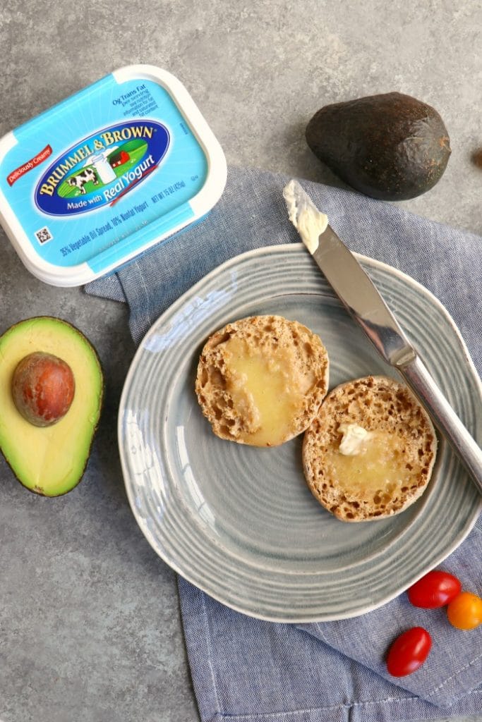 After my morning workout, I always try to have a decent amount of protein, along with either fruits and/or vegetables. One of my favorite breakfasts is my Avocado Eggs with Tomatoes on aLight English Muffin. I like to add Brummel and Brown Spread to my toasted English muffin for added flavor.