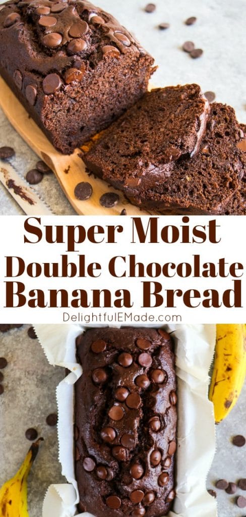 My Double Chocolate Banana Bread is the most moist banana bread recipe you'll ever find! This chocolate chip banana bread recipe is made with brown sugar, ripe bananas and loads of big chocolate chips, making it even better than chocolate cake!