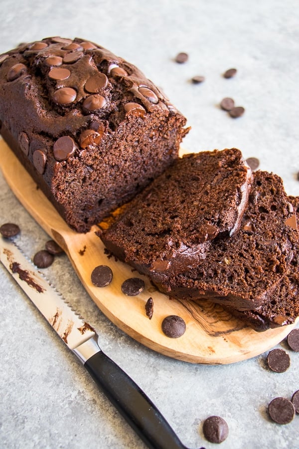 My Double Chocolate Banana Bread is the most moist banana bread recipe you'll ever find! This chocolate chip banana bread recipe is made with brown sugar, ripe bananas and loads of big chocolate chips, making it even better than chocolate cake!