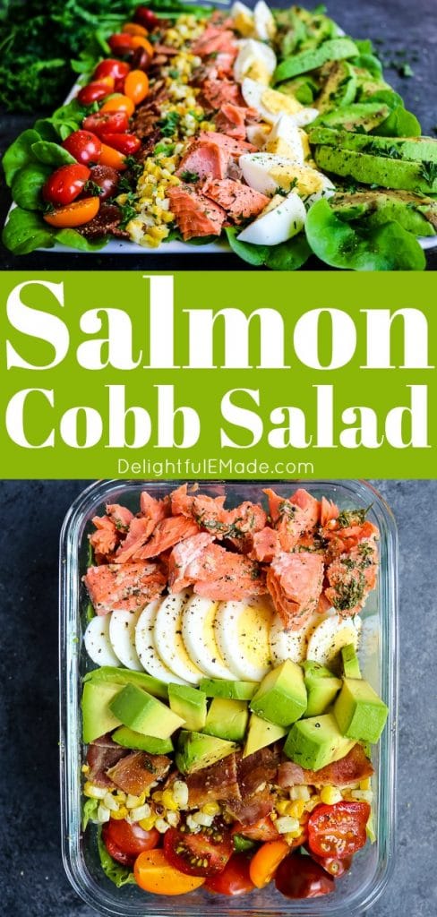 Looking for a satisfying, delicious meal prep salad idea? This Salmon Cobb Salad Recipe will be your new favorite way to enjoy a healthy lunch! Made with grilled salmon, avocados, hard-boiled eggs and more, this Grilled Salmon Salad is packed with protein, healthy and tastes amazing!