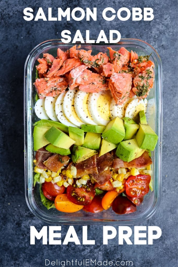 Looking for a satisfying, delicious meal prep salad idea? This Salmon Cobb Salad Recipe will be your new favorite way to enjoy a healthy lunch! Made with grilled salmon, avocados, hard-boiled eggs and more, this Grilled Salmon Salad is packed with protein, healthy and tastes amazing!