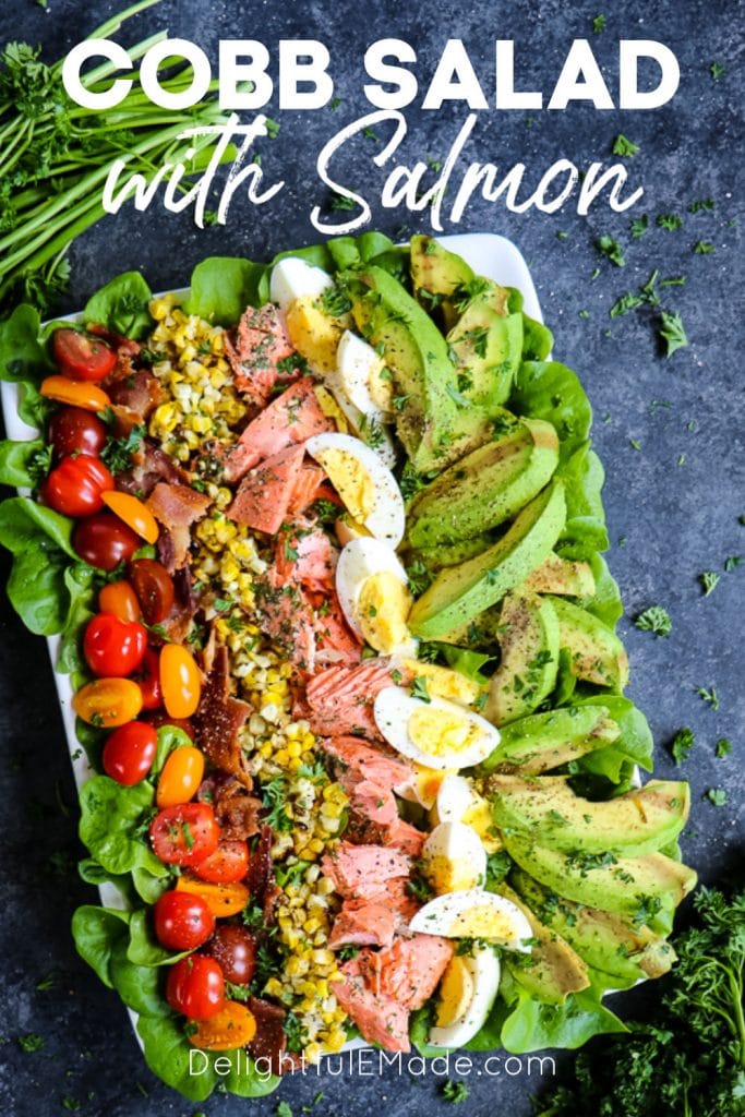 Looking for a satisfying, delicious meal prep salad idea? This Salmon Cobb Salad Recipe will be your new favorite way to enjoy a healthy lunch! Made with grilled salmon, avocados, hard-boiled eggs and more, this Grilled Salmon Salad is packed with protein, healthy and tastes amazing!