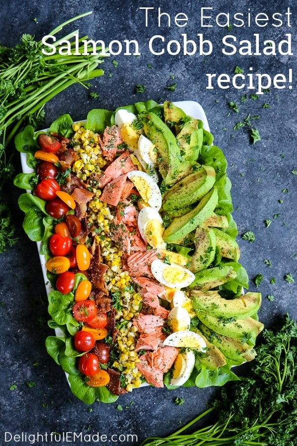 This Salmon Cobb Salad Recipe will be your new favorite way to enjoy a healthy lunch! Made with grilled salmon, avocados, hard-boiled eggs and more, this Grilled Salmon Salad is the perfect meal prep salad idea! 