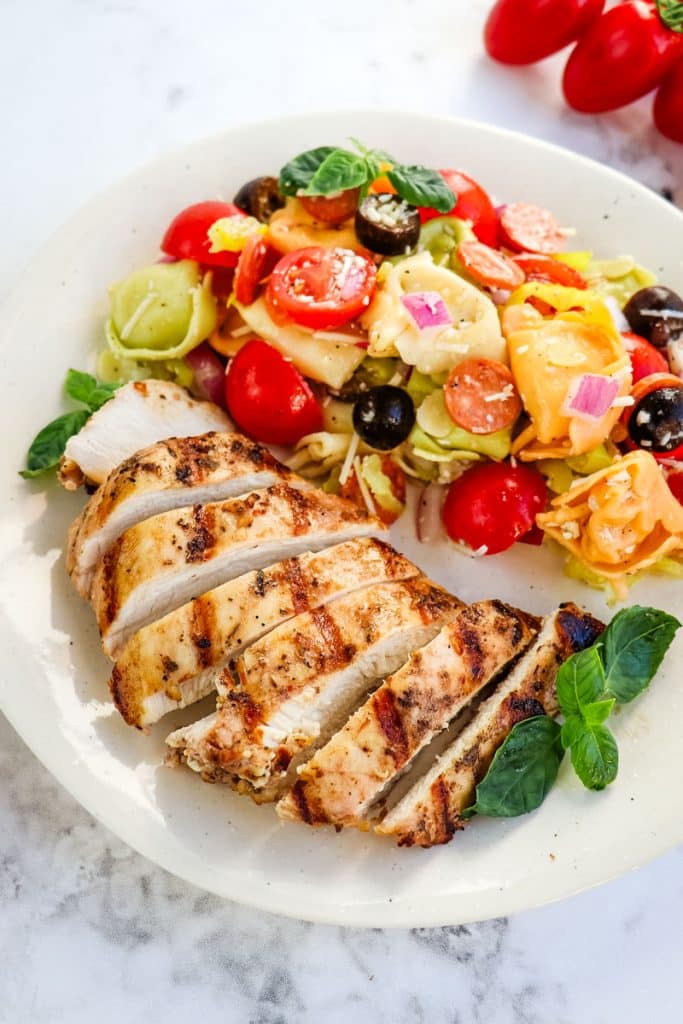 Italian grilled chicken with Italian tortellini pasta salad.