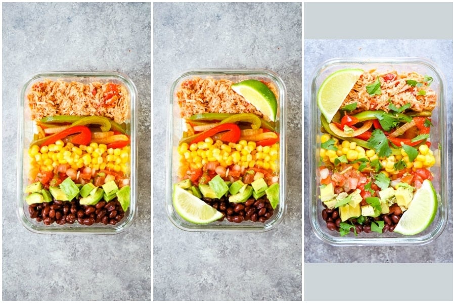 If you love Chipotle burrito bowls, but not all the calories, check out this delicious Chicken Burrito Bowl Recipe! Made with all your Chipotle faves, this Burrito Bowl Meal Prep is made with cauliflower rice, veggies, black beans and my simple slow cooker chicken. This burrito bowl recipe is perfect for your Meal Prep Sunday!