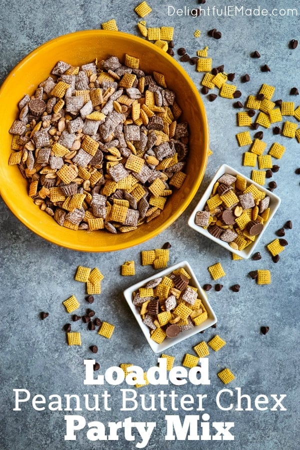 With summer in full swing, Iâ€™ve got the perfect sweet chex mix recipe to take along! This delicious Loaded Peanut Butter Chex Party Mix is made with chex mix muddy buddies and is the perfect treat to take to the pool, along for bike rides and at the basketball court.