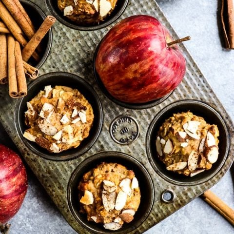 These Healthy Apple Muffins will be your new favorite make-ahead breakfast. This flourless protein muffin recipe is simple to make and perfect for when you need something healthy on-the-go!