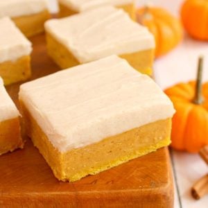 Sugar Cookie Bars with a delicious fall twist! Cinnamon cream cheese frosting tops these wonderfully chewy, delicious pumpkin bar recipe.