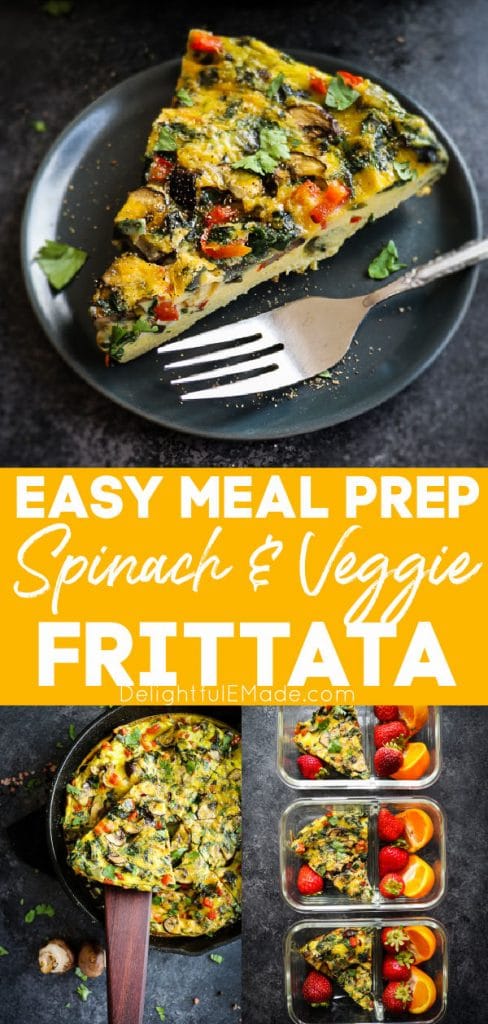 Baked spinach and mushroom frittata, spinach and veggie frittata in skillet and on plate.