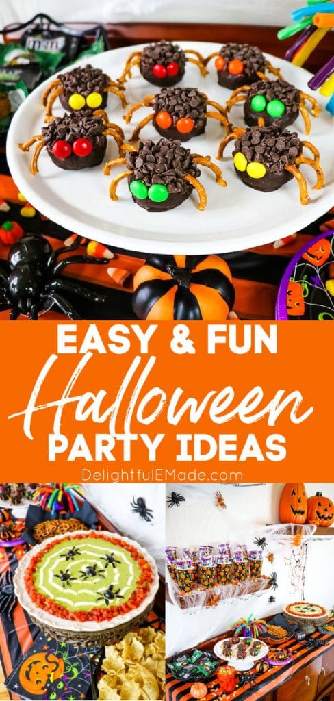 Halloween Party Food ideas, with chocolate spiders, spider web dip and drink buffet.