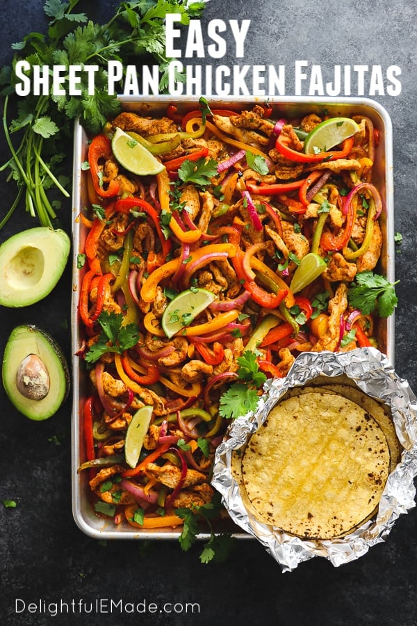 Looking for a simple, healthy chicken dinner idea? These Sheet Pan Chicken Fajitas are an amazing option! Loaded with fresh bell peppers and onions and made with simple chicken breasts, these baked chicken fajitas are perfect for when you're in the mood for Tex-Mex!