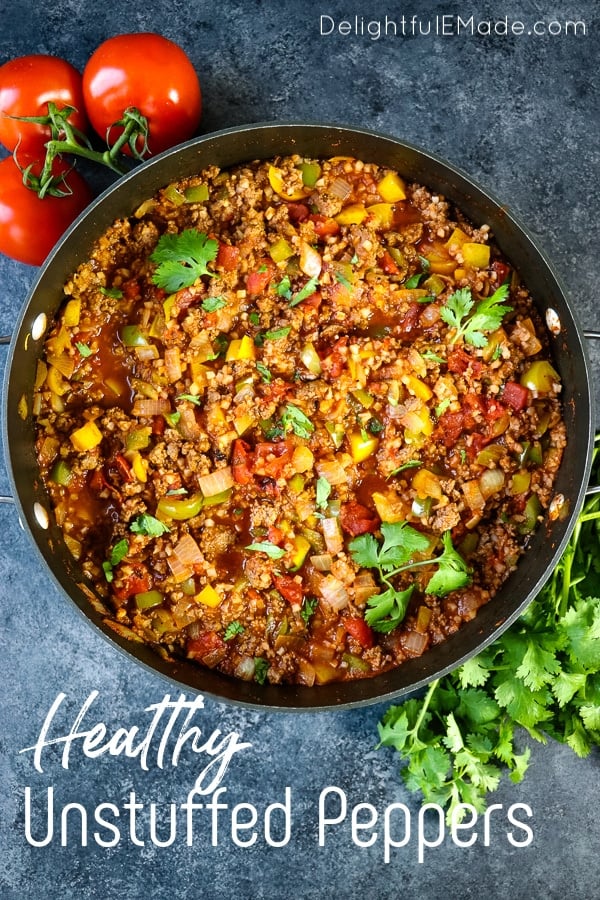 If you need a really quick, healthy dinner idea, you've come to the right place! Made in 20 minutes, my Healthy Unstuffed Peppers with Cauliflower Rice will be your new go-to healthy weeknight dinner idea. This fantastic unstuffed pepper recipe is great for meal prepping, too!