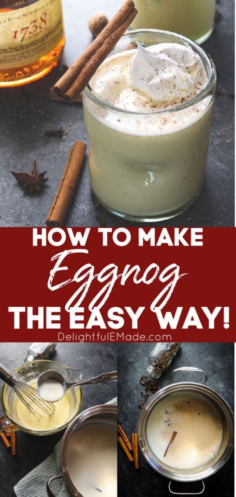 How to make eggnog, spiked eggnog in a glass topped with whipped cream and cinnamon stick.