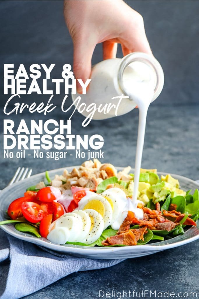 Looking for a healthy homemade ranch dressing? Look no further - this Greek Yogurt Ranch Dressing tastes just like the real deal! Made with just 6 ingredients and NO oils or sugar, this healthy ranch dressing recipe will be your new go-to for ranch!