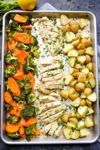 Looking for a one pan chicken and potatoes recipe? This simple, healthy Sheet Pan Chicken and Potatoes will be your new go-to chicken breast recipe! Made all on ONE sheet pan, and paired with vegetables this quick dinner idea is perfect for any night of the week.