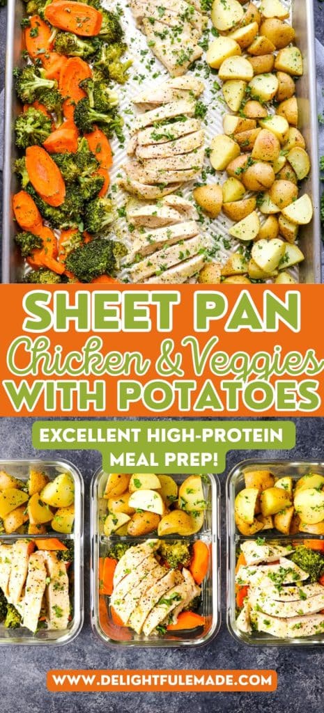 Sliced chicken breasts on a sheet pan with roasted potatoes and veggies.