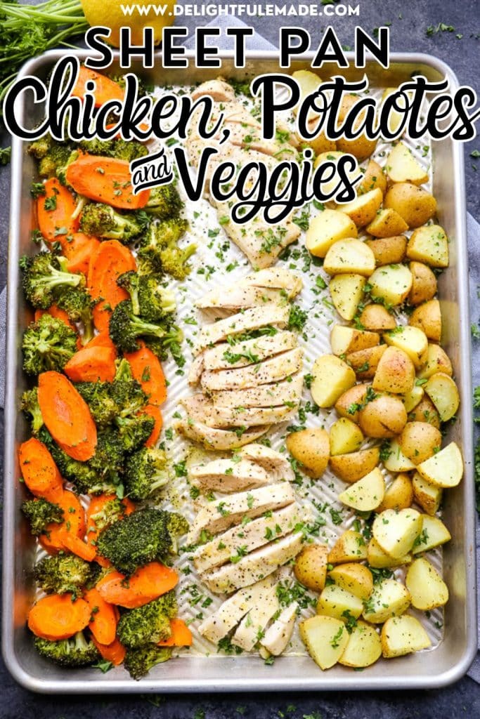 Sheet pan chicken potatoes and veggies, with chicken sliced in center of pan.
