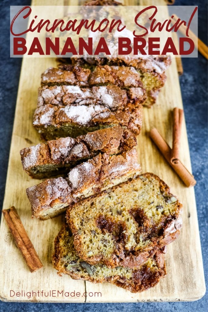 Tired of your same-old banana bread recipe? This Cinnamon Swirl Banana Bread might just become a new family favorite. Super moist, flavorful and topped with a swirl of cinnamon sugar, this Cinnamon Banana Bread recipe is one you'll make over and over again!