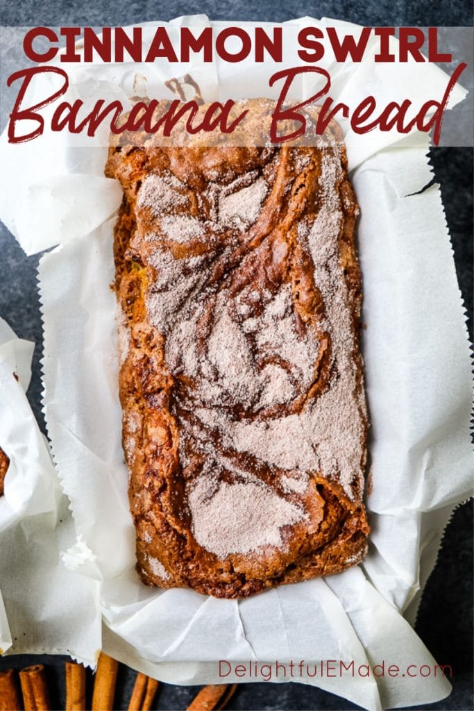 Tired of your same-old banana bread recipe? This Cinnamon Swirl Banana Bread might just become a new family favorite. Super moist, flavorful and topped with a swirl of cinnamon sugar, this Cinnamon Banana Bread recipe is one you'll make over and over again!