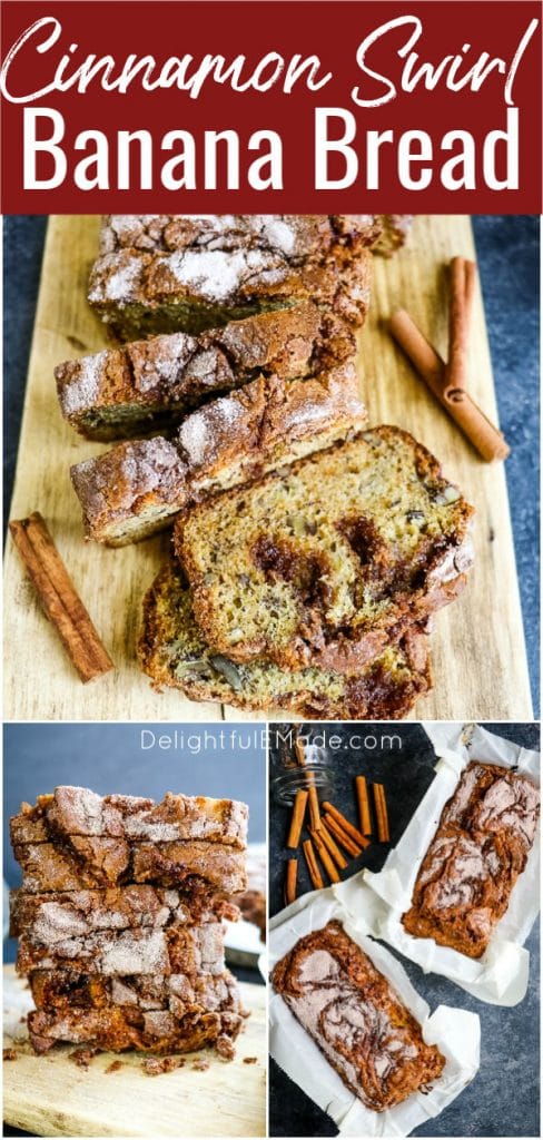 Tired of your same-old banana bread recipe? This Cinnamon Swirl Banana Bread might just become a new family favorite. Super moist, flavorful and topped with a swirl of cinnamon sugar, this Cinnamon Banana Bread recipe is one you'll make over and over again!