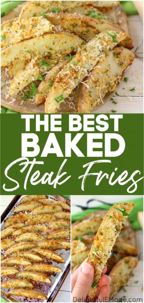 Wondering how to make steak fries? These crispy, baked steak fries will be a new family favorite! Healthier than greasy, fried potatoes, these thick cut potato wedges are coated in Parmesan cheese and ranch seasoning and baked to perfection! 