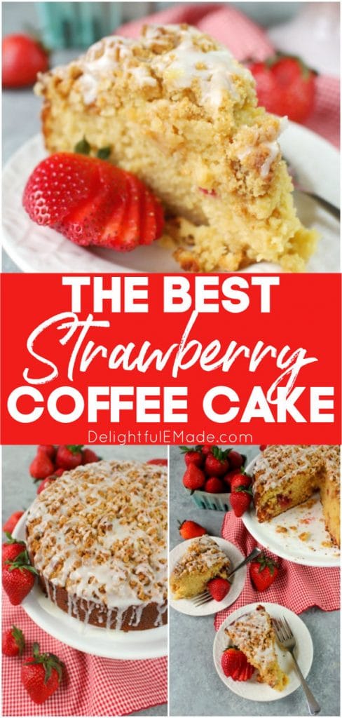 This delicious Strawberry Coffee Cake recipe is the perfect excuse to have cake for breakfast! Loaded with fresh, delicious strawberries, topped with a delicious streusel crumble and iced to perfection, this coffee cake is perfect for your next brunch!