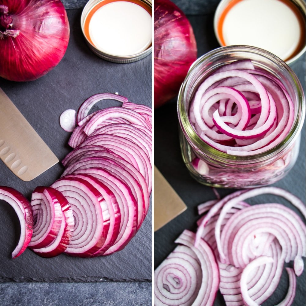 How to make pickled onions with sliced onions on a cutting board and in a mason jar