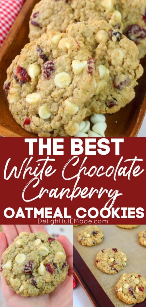 White chocolate cranberry oatmeal cookies on platter and cookie sheet with extra cranberries and white chocolate chips.