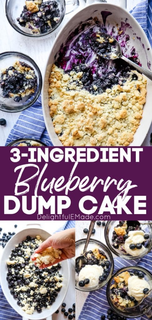 Blueberry cobbler dump cake, with cake mix topping and individual bowls with vanilla ice cream.