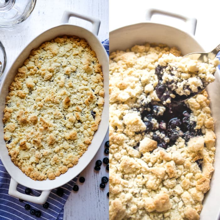 Photo of baked blueberry dump cake, and close up photo of blueberry dump cake with spoon serving out cobbler.