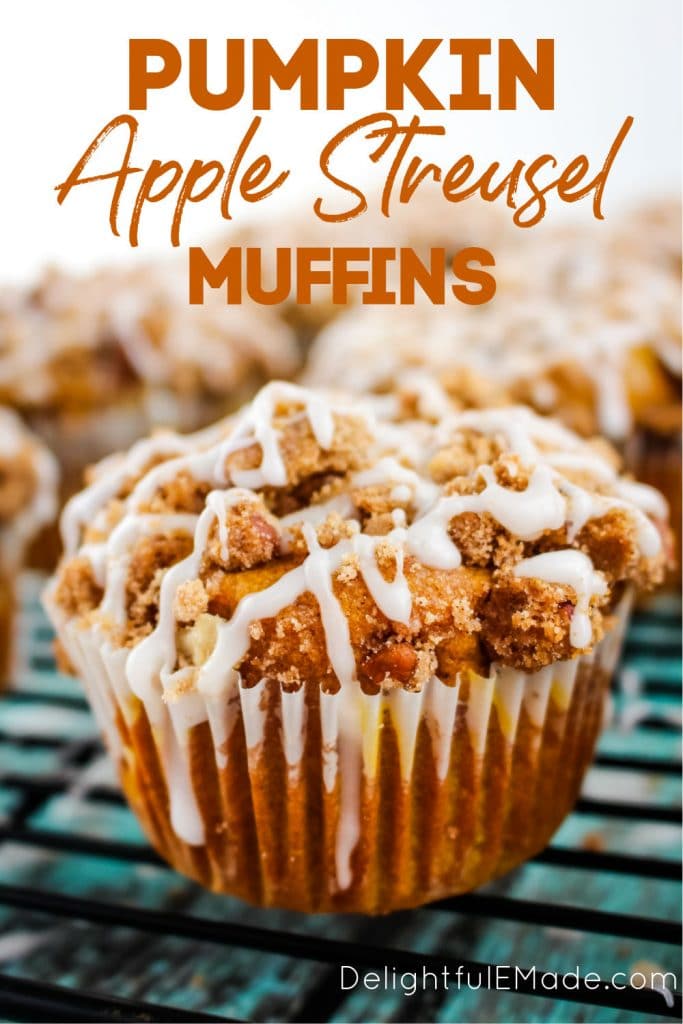 Pumpkin Apple Streusel Muffins on cooling rack topped with a vanilla glaze.