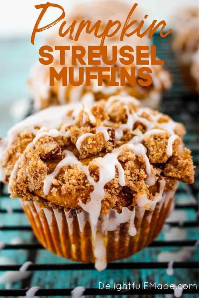 Pumpkin Apple Streusel Muffins with a vanilla glaze.