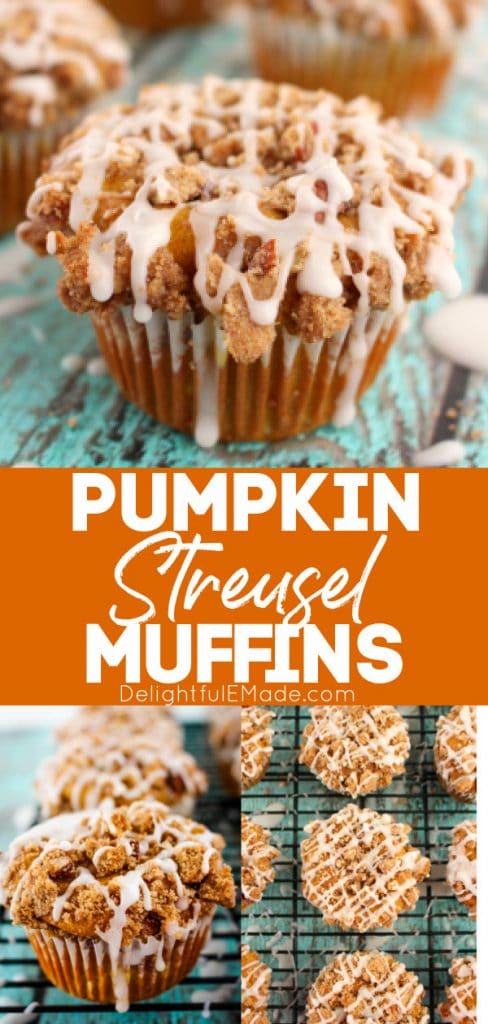 Pumpkin Apple Streusel Muffins with a vanilla glaze.