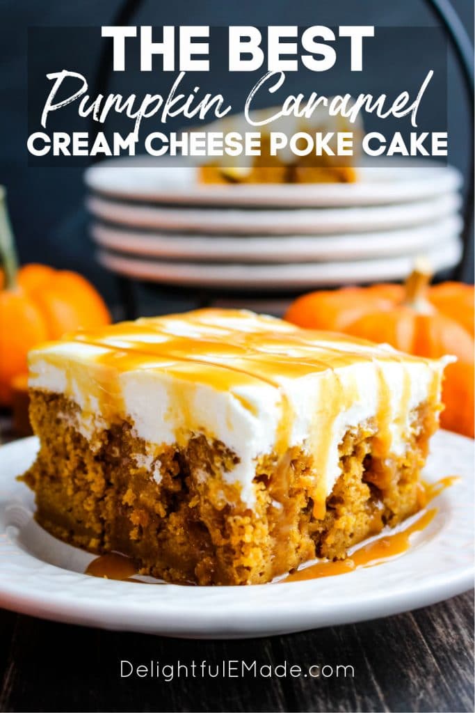 Square slice of cake on plate, pumpkin caramel cream cheese poke cake, drizzled with caramel sauce.