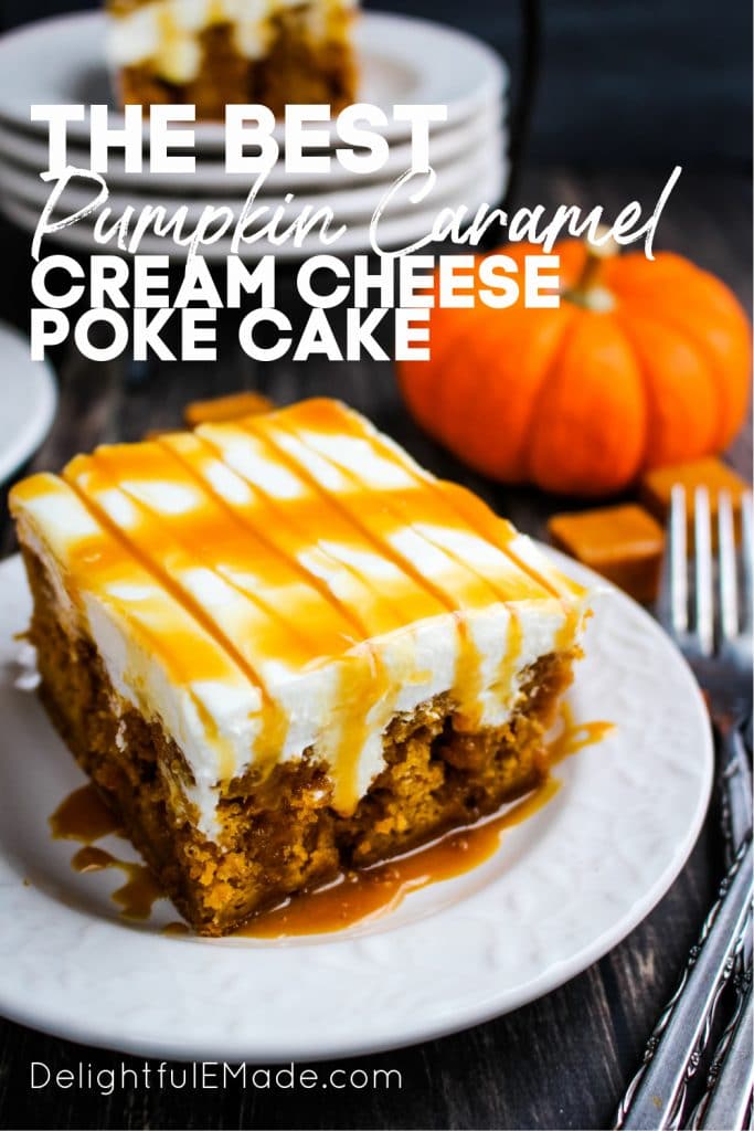 Square cake slice of pumpkin caramel cream cheese poke cake. Drizzled with caramel sauce on white plate.