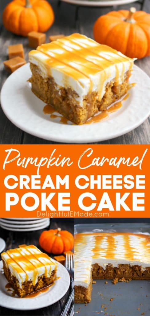 The BEST Pumpkin Caramel Cream Cheese Poke Cake. Cake square on a plate, drizzled with caramel sauce.