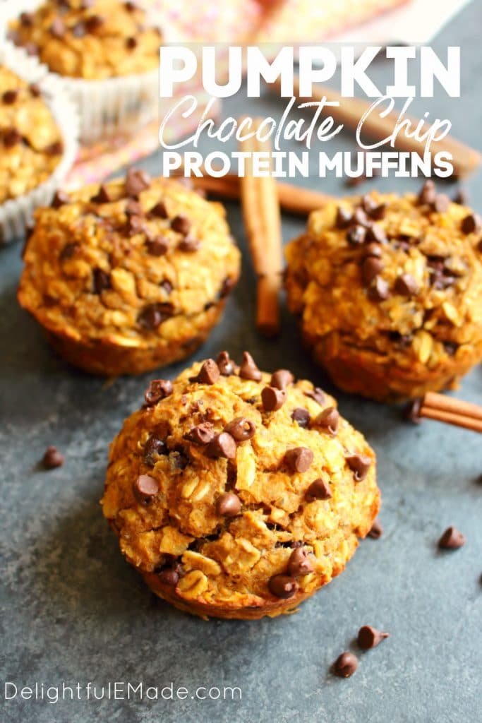 Pumpkin chocolate chip protein muffins garnished with cinnamon sticks and mini chocolate chips.