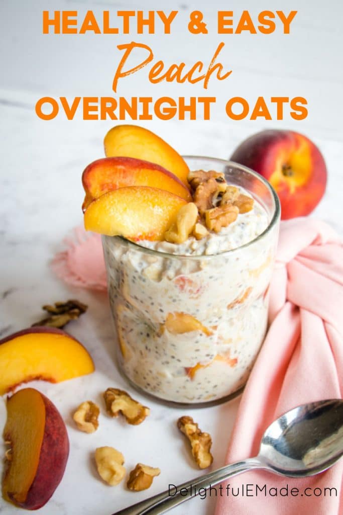 Cup of peach overnight oats, garnished with walnuts and peach slices.