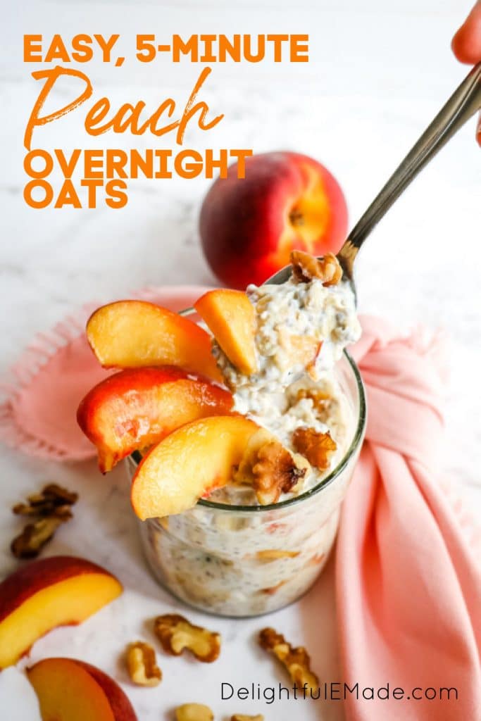 Easy healthy peach overnight oats, with spoonful of oats coming out of the top.