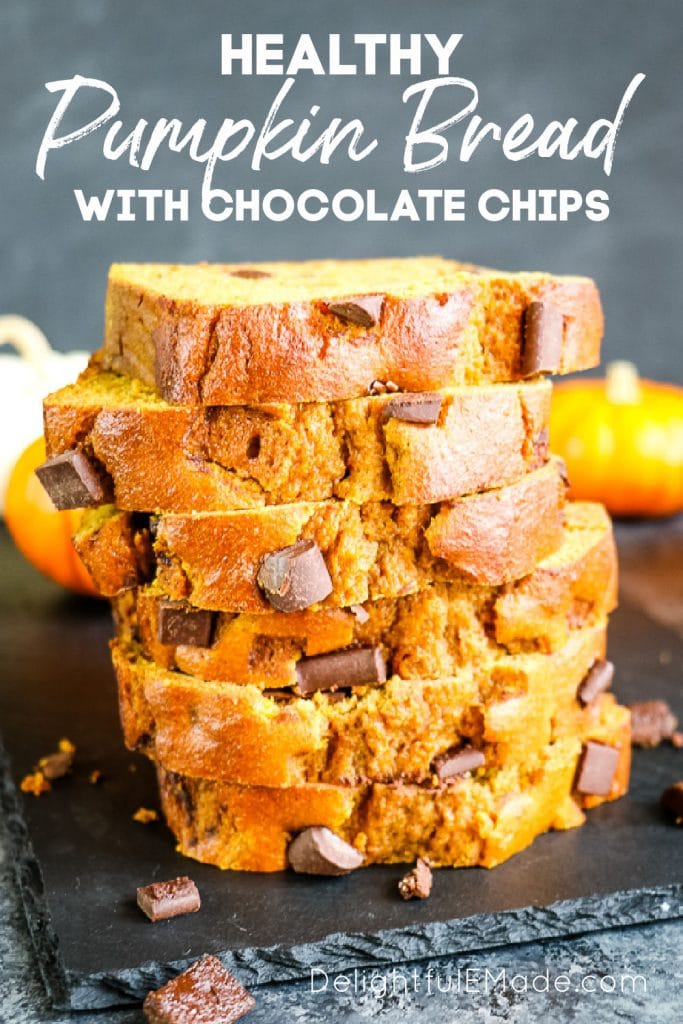 Stack of pumpkin bread slices with chocolate chunks.