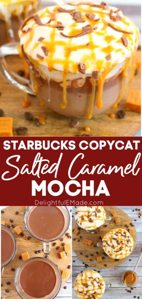 Glass of starbucks salted caramel mocha, topped with whipped cream, chocolate curls and salted caramel sauce.