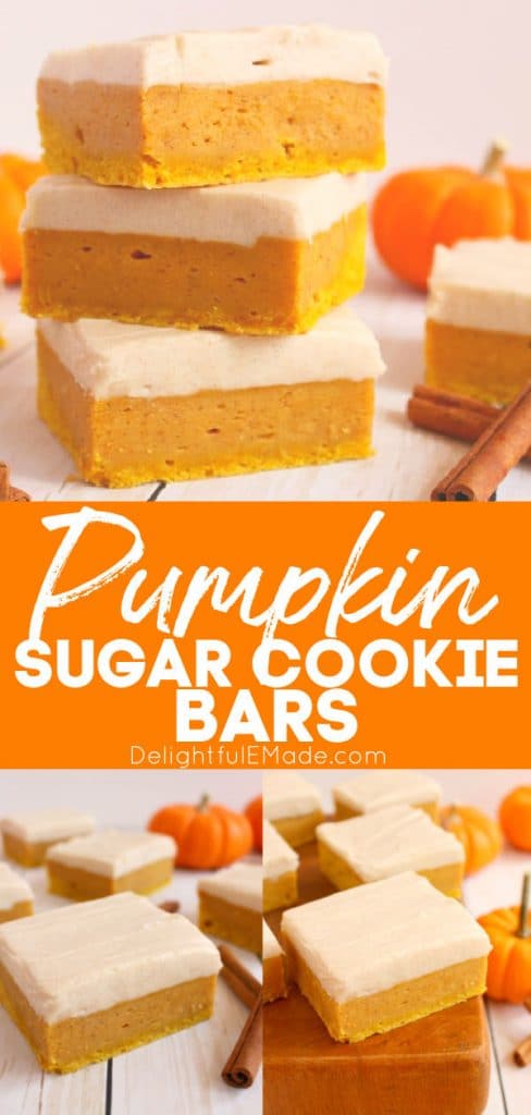 Pumpkin sugar cookie bars with cream cheese frosting, cut into squares and stacked. Accented with orange pumpkins.